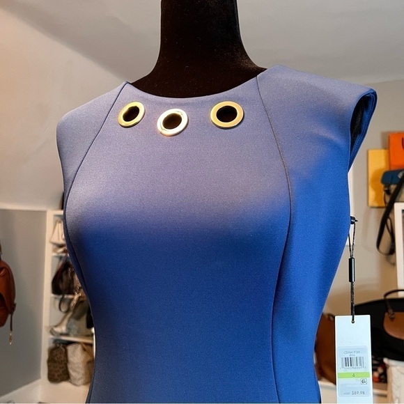 CALVIN KLEIN Size 4 Blue Grommet Neck Sleeveless Scuba Dress NWT - Picture 5 of 9